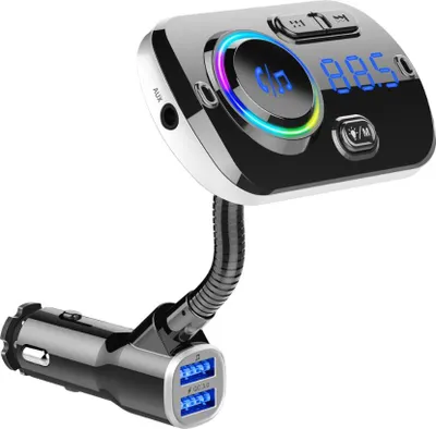 Produktbild von Bluetooth FM Transmitter 5.0 Auto Radio Adapter mit Dual USB Ports (QC3.0/2.4A), 7 Farbe Unterstützt TF Karte & Aux, Freisprecheinrichtung mit Mikrofon Unterstützt Siri Google