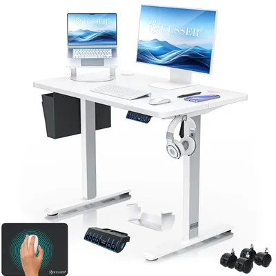 Produktbild von KESSER® Schreibtisch elektrisch & höhenverstellbar Computertisch Ergonomisch Stehen & Sitzen 3-Memory 360° Rollen USB-Ladeanschluss 100x60cm Weiß