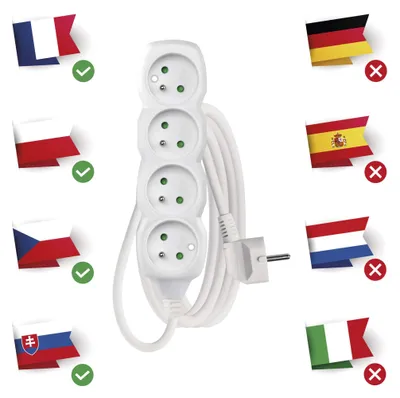 Prodlužovací kabel 2 m / 4 zásuvky / bílý / PVC / 1 mm2