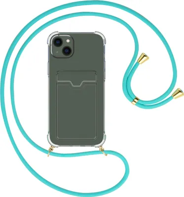 Produktbild von Handykette Backcover-Schutzhülle mit Band (Metall goldfarben) für Apple iPhone 15 Plus - türkis