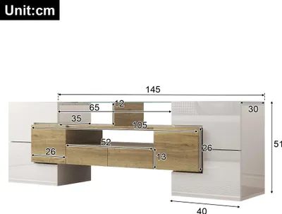 Zdjęcie produktu dla Szafka pod telewizor 145x50 cm – szafka pod telewizor – oświetlenie LED – powierzchnia z wysokim połyskiem – schowek – drewno – nowoczesny design – złoty kolor