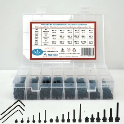 Produktbild von 813pcs Innensechskant Zylinderschrauben M2 M3 M4 Kohlenstoffstahl Schrauben Muttern Sortiment Set, Schwarz