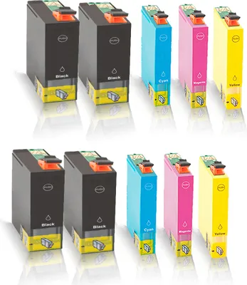 A top-down view of two rows of ink cartridges, with the top row slightly behind the bottom row.