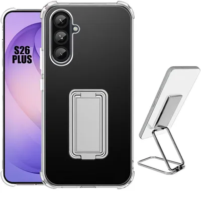Image de Coque pour Samsung Galaxy S26 Plus, Protection Silicone Antichoc avec Support Ajustable Argenté