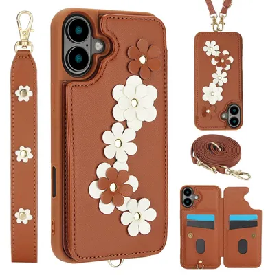 Obrázok produktu pre Crossbody puzdro z umelej kože s kvetinovým motívom a puzdrom na karty hnedé pre Apple iPhone 17