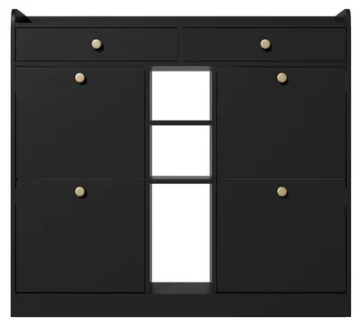 Produktbild von Eleganter Schuhschrank - Flurmöbel - 110 x 26 x 100 cm - 4 Falttüren - 2 Schubladen - 3 Offene Fächer - Spanplatte - Schwarz