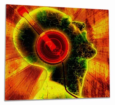 Produktbild von Wallario Herdabdeckplatte aus Glas, Größe 60 x 52 cm 1-teilig, Motiv Musik mit Kopfhörern