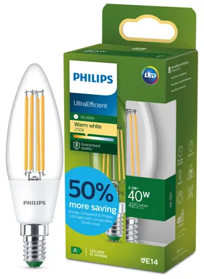Obrázek produktu pro Philips Čirá žárovka typu svíce s tradičním vzhledem 40 W, B35 E14, 2,3 W, 40 W, E14, 485 lm, 50000 h