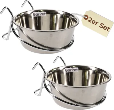 Produktbild von 2er Set Edelstahlnapf zum Einhängen 0,60 L mit Hakenhalterung Vogelnapf Hundenapf Hasen Kaninchen Katzen Napf Futter Wasser Napf
