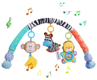Produktbild von Babybogen Spielbogen Hängespielzeug mit Rassel - Mit drei Figuren - Mit zwei verstellbaren Clips - Für Babys 0 bis 6 Monate