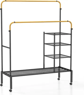 Produktbild von Kleiderständer mit 2 höhenverstellbaren Kleiderstangen, 4 Rädern, Rollgarderobe mit Schuhregal & Gitterablagen 135x54x164cm, bis 100kg (Gold)