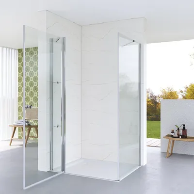 Produktbild von Duschkabine 120x80 cm Eckeinstieg aus durchsichtigem ESG Sicherheitsglas mit Seitenwand Festteil Verstellbereich Eckdusche Höhe: 187 cm