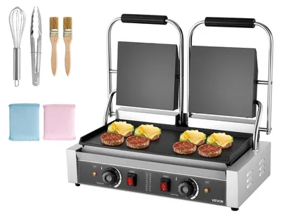 Image de Grill à panini professionnel VEVOR, appareil à panini électrique 3600 W, double presse à sandwich en acier inoxydable, grill à panini avec contrôle de température, plaque émaillée plate 48 x 23 cm, pour hamburger, steak, bacon