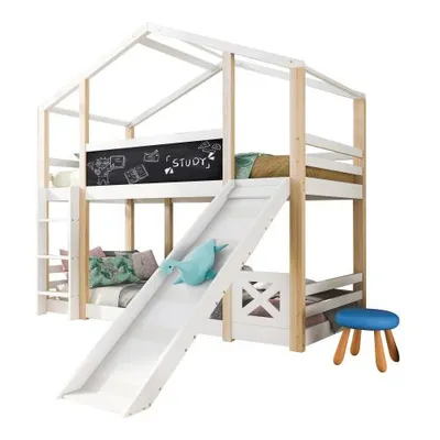 Produktbild von Etagenbett, 90x200 cm, Kinderbett mit 2 Schlafgelegenheiten, Lattenrost, Leiter und Rutsche, Hausbett aus Kiefer, Hochbett inkl. Rausfallschutz