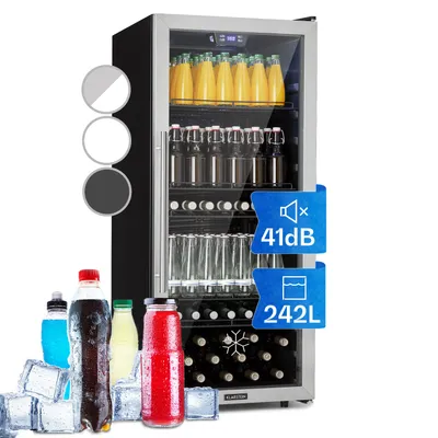 Produktbild von Klarstein mini chladnička so sklenenými dvierkami, mini chladnička do izieb, malá chladnička na nápoje s nastaviteľnými policami, malá chladnička, 242 litrov, vnútorná/vonkajšia chladnička, tichá