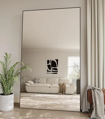 Obrázok produktu pre Zrkadlo na celé telo, obdĺžnikového tvaru, 90 x 200 cm, celotelové zrkadlo s rámom z hliníkovej zliatiny, vyrobené z tvrdeného skla, vhodné do obývačky, spálne, kúpeľne a pod., čierna farba
