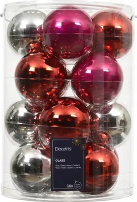 Imagen del producto de Juego de 16 adornos navideños de vidrio, en colores rojo, rosa y plateado, de 8 cm de diámetro