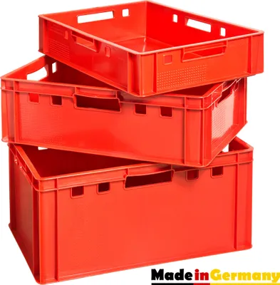 Turm aus 3 verschieden großen Euro-Plastikkisten (E1 + E2 + E3), rot, mit Griff auf jeder Seite, made in germany