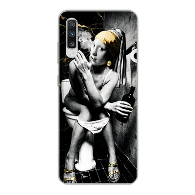 Produktbild von MuchoWow® Handyhülle Schutzhülle Hülle für Samsung Galaxy A70 Marmoroptik - Mädchen mit Perlenohrring - Zigaretten - Toilette - Gold - Kunst - Alte Meister Silikon Softcase Handy Hülle - Schutzhaube