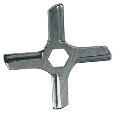 A close-up, isolated shot of a metal meat grinder blade.