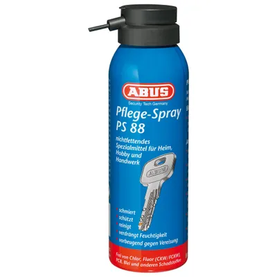 A blue spray can with a black nozzle and a silver key depicted on it.