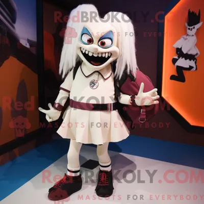 Immagine prodotto di Personaggio mascotte REDBROKOLY di un vampiro color crema vestito con minigonna e zaini