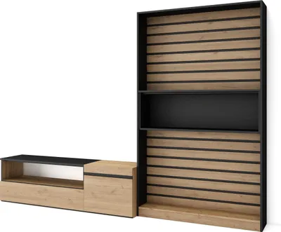 Produktbild von Wohnwand Wohnzimmer, 260x35x186cm, Für TV-Geräte bis zu 65", Wohnzimmer Möbel, Eiche und Schwarz