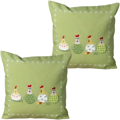 Imagen del producto de Fundas de cojín TAMI, 40 x 40 cm, con un divertido motivo de gallinas, color verde, estilo rústico