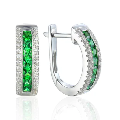 Produktbild von Damen 585er Weissgold Ohrringe synth. Smaragd Solitaire Creolen Ohrschmuck 14K