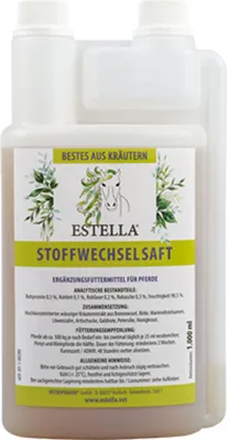 A bottle of Estella Stoffwechselsaft for horses.