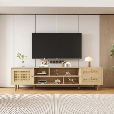 Immagine prodotto di Mobile TV moderno - 160 cm - Colore legno e rattan - Con spazio contenitivo - Per soggiorno