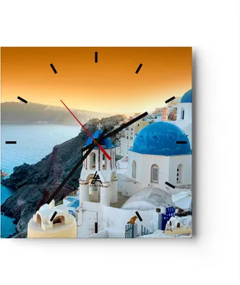 Produktbild von Wanduhr - Quadrat - Glasuhr - Santorini Griechenland Urlaub Insel - 30x30cm - Schleichendes Uhrwerk - Lautlos - zum Aufhängen bereit - Dekoration Modern - Wanddekoration aus Glas - C3AC30x30-2529