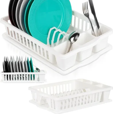 A collage of three images showing a white plastic dish rack with dishes and cutlery.