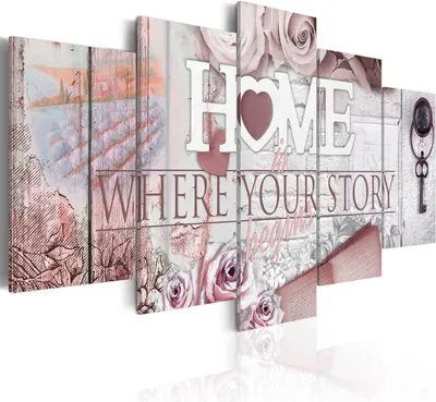 Image de Toiles 200 x 100 cm f-A-0153-b-p Toile intissé Toile 5 pièces Impression artistique moderne Tableaux muraux XXL Décoration murale Design Tableau mural HOME FLEURS MAISON CLÉ