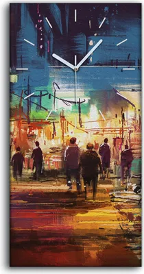 Produktbild von Leinwand Uhr Küche Wohnzimmer Bild 30x60 Kunst Stadt Straße bunt Einkaufsmarkt - weiße Hände