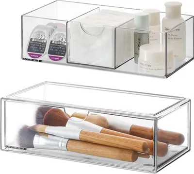 Zdjęcie produktu dla Organizer na kosmetyki, zestaw 2 sztuk, z szufladami, przezroczysty, wykonany z akrylu, możliwość układania w stos, idealny do przechowywania kosmetyków do makijażu