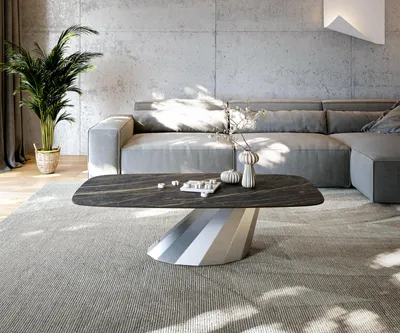 Produktbild von DELIFE Couchtisch Edge Boot 140x80 cm Keramik Laminam® Noir Desir Braun Parabi Edelstahl gebürstet