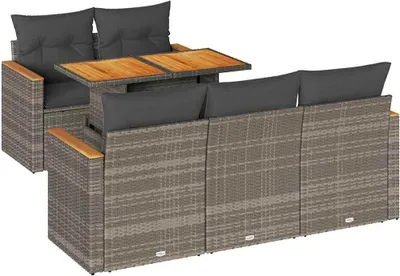 Image de vidaXL Ensemble de salon de jardin 6 pièces avec coussins Gris Poly rotin Acacia