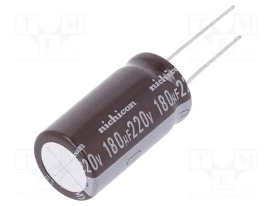 Image de 1 condensateur : électrolytique, diamètre 16 x 31,5 mm, traversant, 220 VDC, 180 µF, ±20%, référence UPT2P181MHD