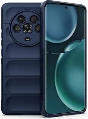 A dark blue phone case is shown next to a smartphone.