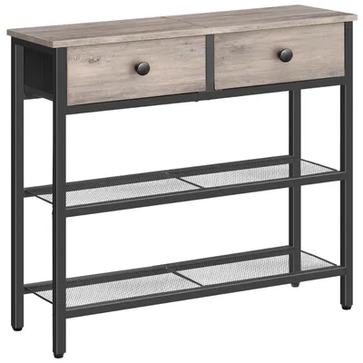 Schmale Consoletafel 75 cm, 2 Ablagen, Lade, Grau/Schwarz
