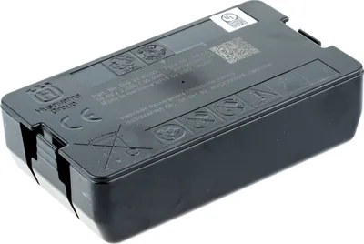 A black rechargeable battery pack for a lawnmower.