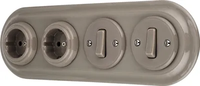 Produktbild von Unterputz Porzellan Retro Steckdose, Schalter, 4-fach, All-in-One, SET Serie PR1 graubeige