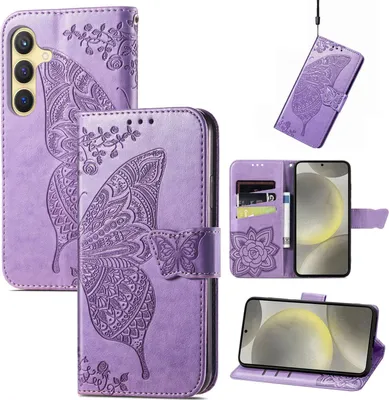 Produktbild von Für Samsung Galaxy S25 FE 5G Kunstleder Wallet Handy Tasche Schmetterling Design Hülle Etuis Hell-Lila