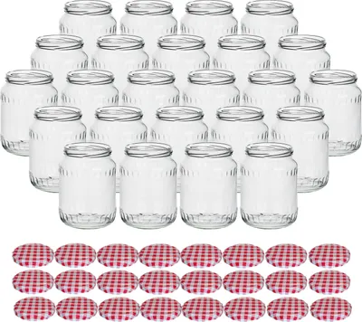Produktbild von gouveo 24er Set Einmachgläser 720 ml Facette mit Schraub-Deckel karo-rot - Große Vorratsgläser mit Drehverschluss TO82 - Leere Marmeladengläser, Einkochgläser, Einweckgläser, Aufbewahrungsgläser