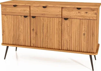 Produktbild von Kommode Tula Wildeiche massiv 144x46x87 mit 3 Schubladen 3 Türen Riffelfront