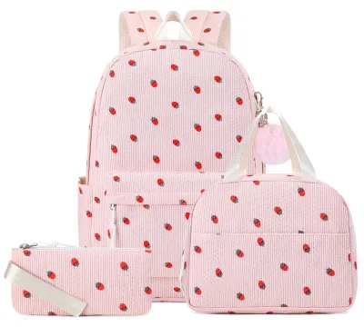 Image de Sac à dos 15 pouces, ensemble de 3 pièces comprenant une trousse de déjeuner et une trousse à crayons, motif fraises roses, pour l'école