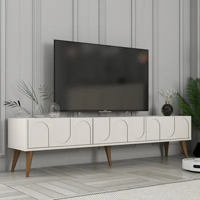 Image de Scafa - Meuble TV, 180x35x44h cm Blanc Crème, 3 Portes