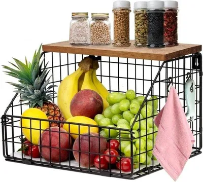 Produktbild von Famanu Aufhängung Obstkorb - Küchenorganizer mit Holzdeckel - Schwarz - 30 x 30 x 20 cm