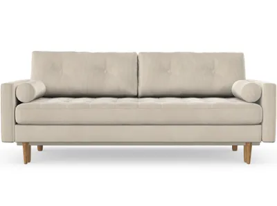 Produktbild von Esme II 3-Sitzer-Sofa mit Schlaffunktion, Massivholzkonstruktion, skandinavischer Stil, gestepptes Sitzkissen, Hohe Beine aus Eichenholz, gewachst, Cord-Stoff Scala Nata Alabaster